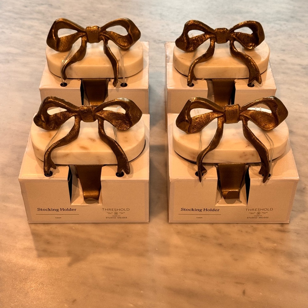 4 Marble and Metal Bow Christmas Stocking Holders Gold Studio McGee